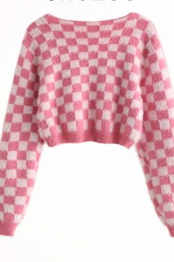 Y2K Pink Checker Knitted Cardigan - Retro 90s Grunge, Summer Outfits, and Pastel Goth Style