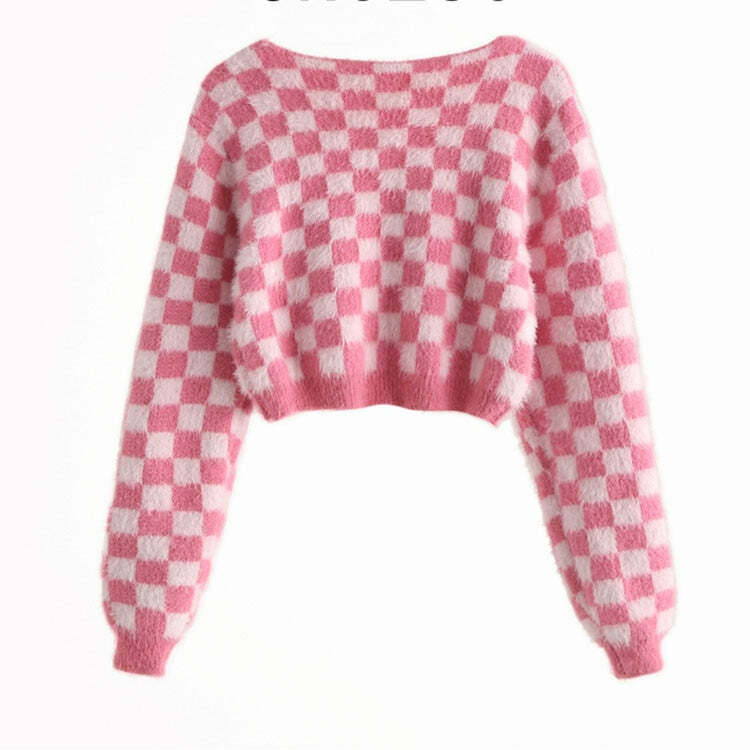 Y2K Pink Checker Knitted Cardigan - Retro 90s Grunge, Summer Outfits, and Pastel Goth Style