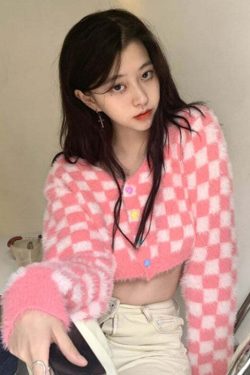 Y2K Pink Checker Knitted Cardigan - Retro 90s Grunge, Summer Outfits, and Pastel Goth Style