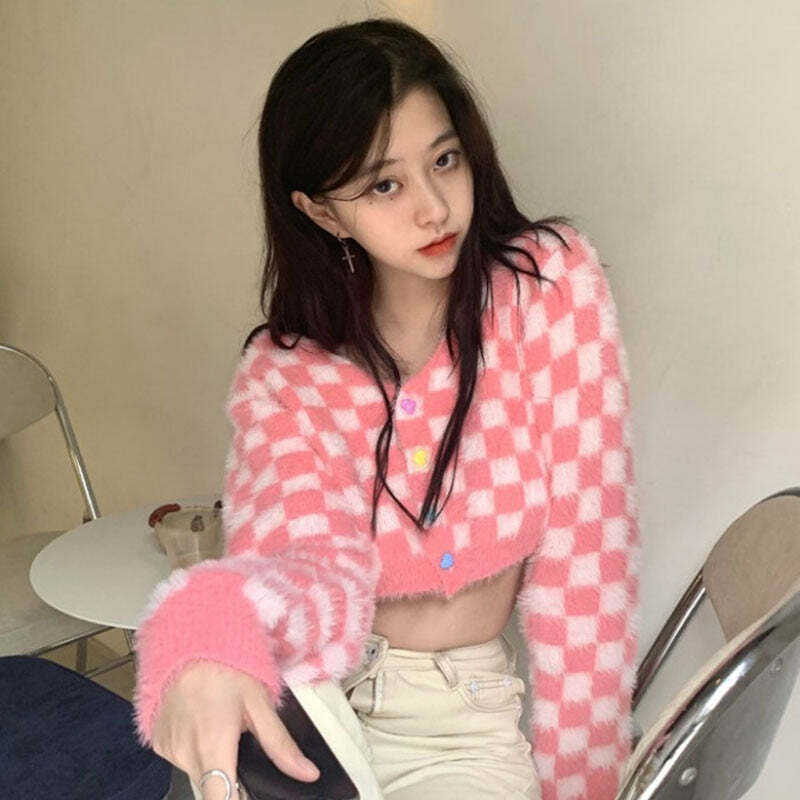 Y2K Pink Checker Knitted Cardigan - Retro 90s Grunge, Summer Outfits, and Pastel Goth Style