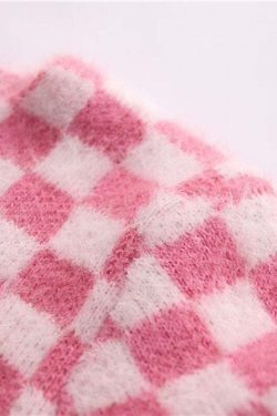 Y2K Pink Checker Knitted Cardigan - Retro 90s Grunge, Summer Outfits, and Pastel Goth Style