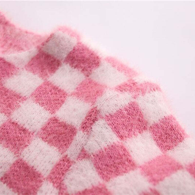 Y2K Pink Checker Knitted Cardigan - Retro 90s Grunge, Summer Outfits, and Pastel Goth Style