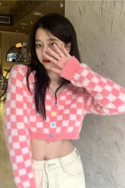 Y2K Pink Checker Knitted Cardigan - Retro 90s Grunge, Summer Outfits, and Pastel Goth Style
