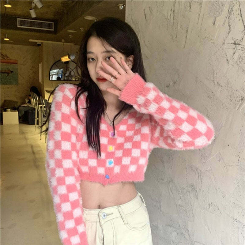 Y2K Pink Checker Knitted Cardigan - Retro 90s Grunge, Summer Outfits, and Pastel Goth Style