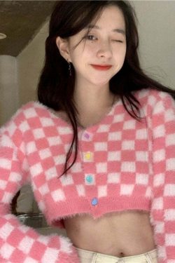 Y2K Pink Checker Knitted Cardigan - Retro 90s Grunge, Summer Outfits, and Pastel Goth Style