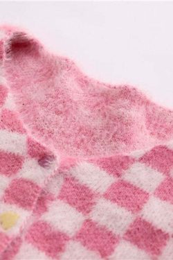 Y2K Pink Checker Knitted Cardigan - Retro 90s Grunge, Summer Outfits, and Pastel Goth Style