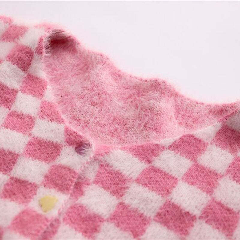 Y2K Pink Checker Knitted Cardigan - Retro 90s Grunge, Summer Outfits, and Pastel Goth Style