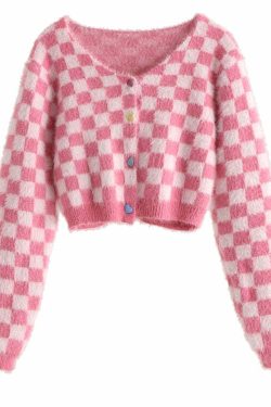 Y2K Pink Checker Knitted Cardigan - Retro 90s Grunge, Summer Outfits, and Pastel Goth Style