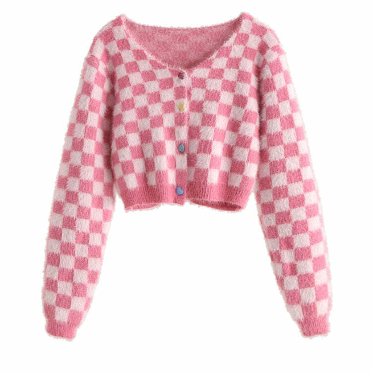 Y2K Pink Checker Knitted Cardigan - Retro 90s Grunge, Summer Outfits, and Pastel Goth Style