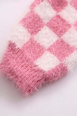 Y2K Pink Checker Knitted Cardigan - Retro 90s Grunge, Summer Outfits, and Pastel Goth Style