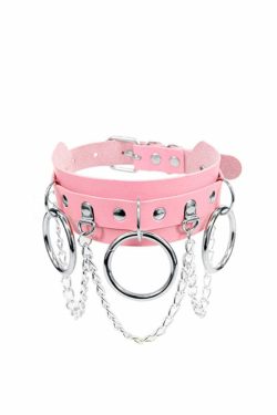 Y2K Pink Collar Choker with Metal Hoops & Chains - Perfect for 90s Grunge and Retro Y2K Outfits