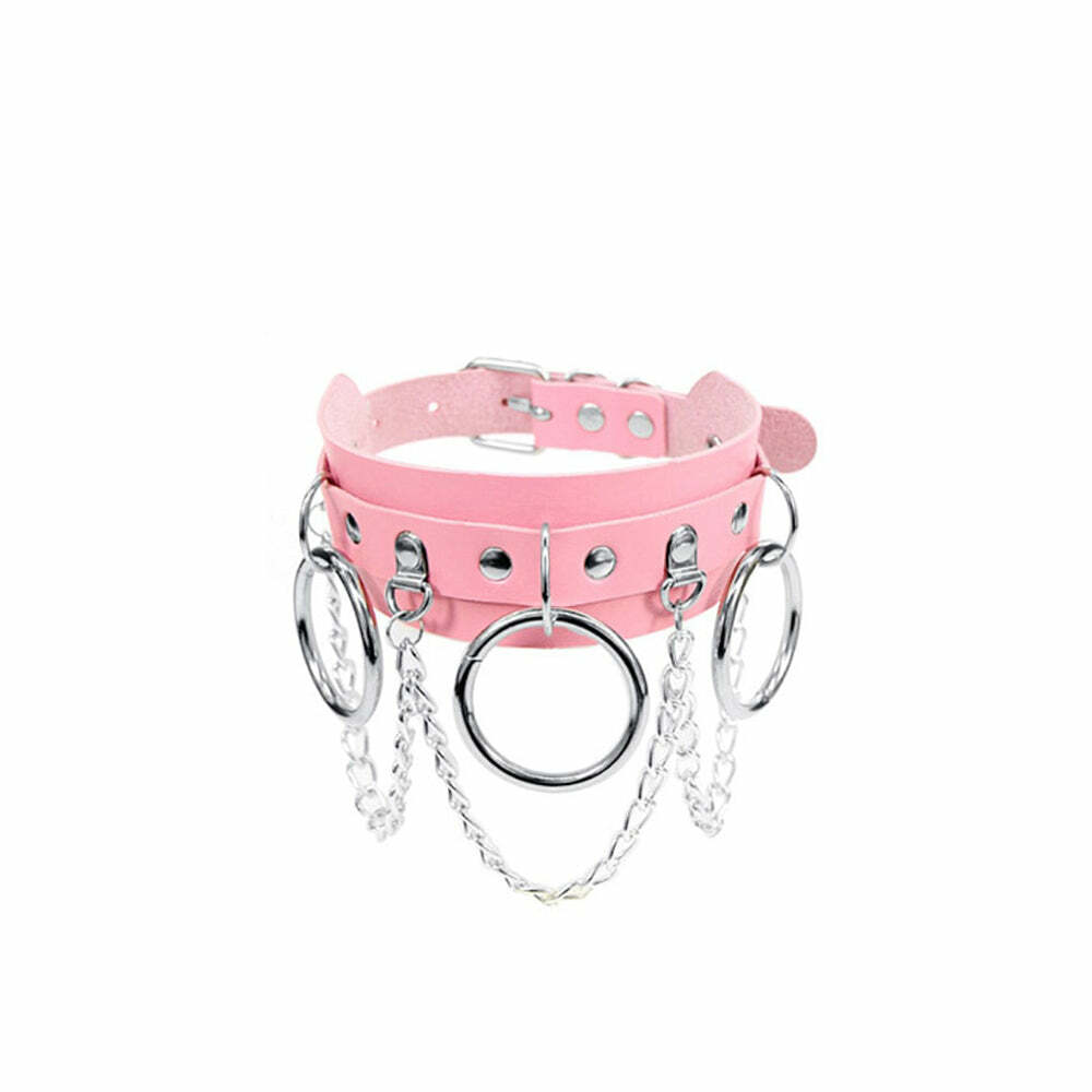 Y2K Pink Collar Choker with Metal Hoops & Chains - Perfect for 90s Grunge and Retro Y2K Outfits