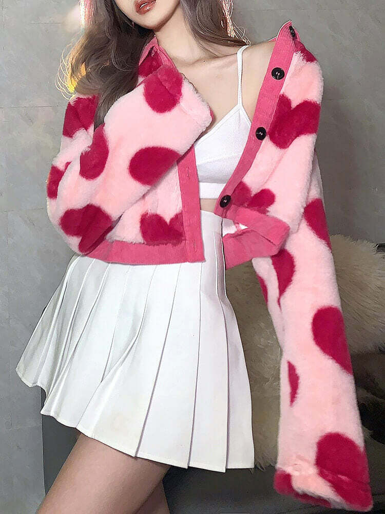 Y2K Pink Hearts Soft Jacket - Retro 90s Grunge, Summer Y2K Outfits, Pastel Goth Fashion