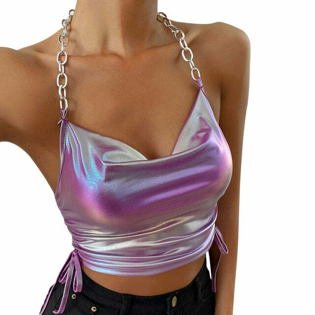 Y2K Pink Holographic Chain Strap Top - 90s Grunge, Retro, Summer, Party, Club Outfits
