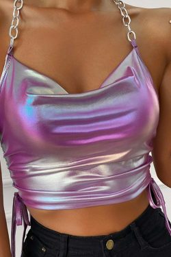 Y2K Pink Holographic Chain Strap Top - 90s Grunge, Retro, Summer, Party, Club Outfits