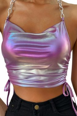 Y2K Pink Holographic Chain Strap Top - 90s Grunge, Retro, Summer, Party, Club Outfits