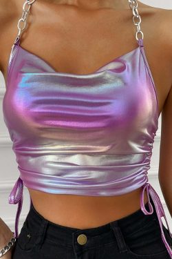 Y2K Pink Holographic Chain Strap Top - 90s Grunge, Retro, Summer, Party, Club Outfits