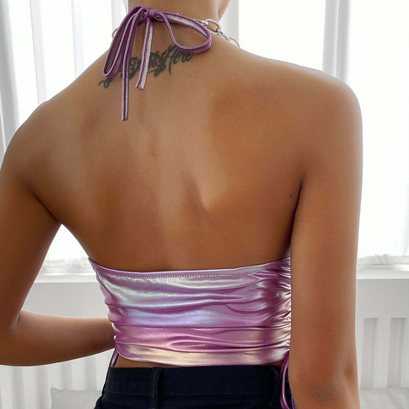 Y2K Pink Holographic Chain Strap Top - 90s Grunge, Retro, Summer, Party, Club Outfits