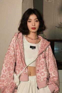 Y2K Pink Leopard Hoodie Jacket - Retro 90s Grunge, Y2K Summer Outfits, Y2K Club Fashion