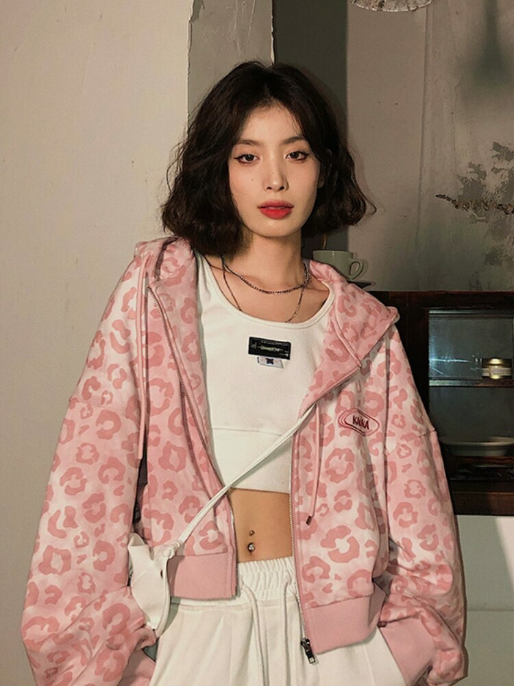 Y2K Pink Leopard Hoodie Jacket - Retro 90s Grunge, Y2K Summer Outfits, Y2K Club Fashion