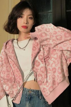 Y2K Pink Leopard Hoodie Jacket - Retro 90s Grunge, Y2K Summer Outfits, Y2K Club Fashion
