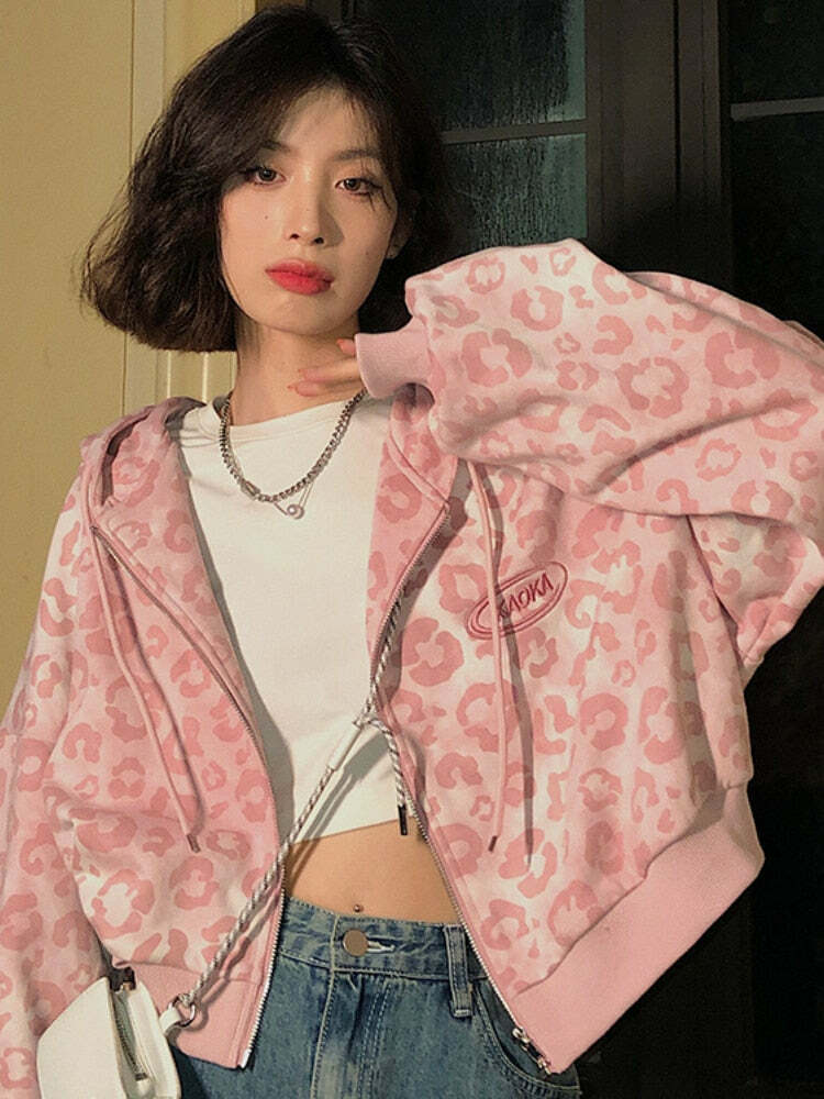 Y2K Pink Leopard Hoodie Jacket - Retro 90s Grunge, Y2K Summer Outfits, Y2K Club Fashion