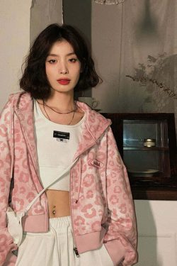 Y2K Pink Leopard Hoodie Jacket - Retro 90s Grunge, Y2K Summer Outfits, Y2K Club Fashion