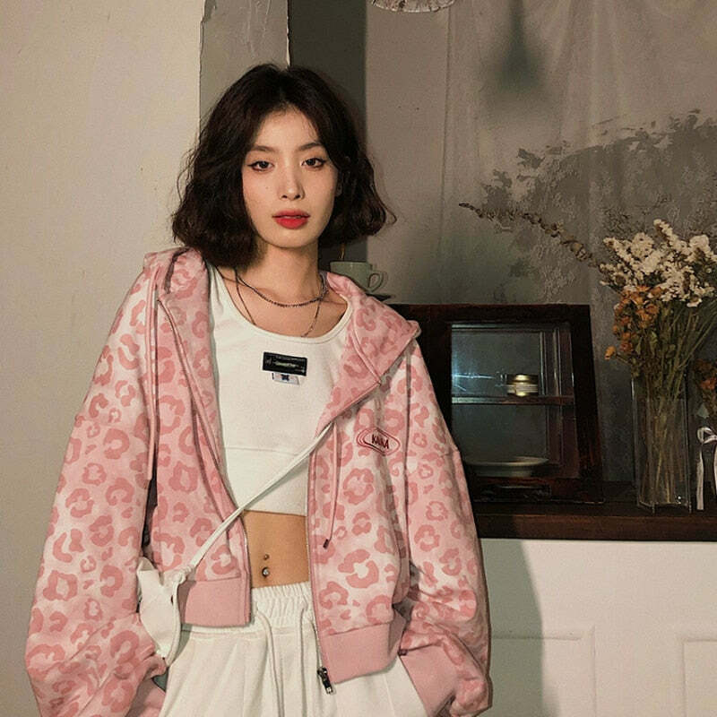 Y2K Pink Leopard Hoodie Jacket - Retro 90s Grunge, Y2K Summer Outfits, Y2K Club Fashion
