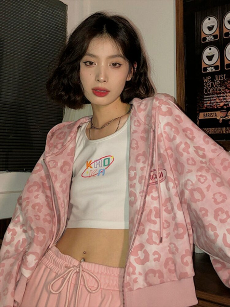 Y2K Pink Leopard Hoodie Jacket - Retro 90s Grunge, Y2K Summer Outfits, Y2K Club Fashion