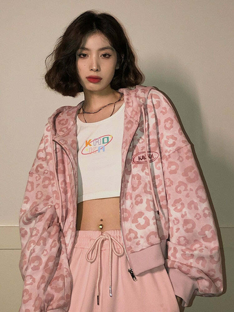 Y2K Pink Leopard Hoodie Jacket - Retro 90s Grunge, Y2K Summer Outfits, Y2K Club Fashion
