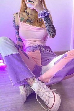Y2K Pink Patchwork Jeans - Retro 90s Grunge, Summer Outfits, Y2K Fashion for Women