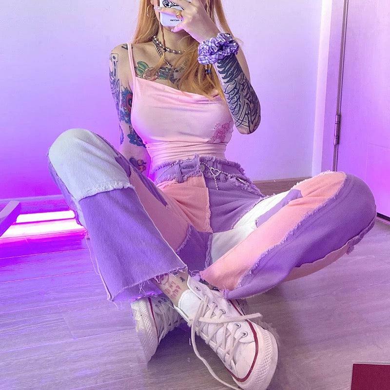 Y2K Pink Patchwork Jeans - Retro 90s Grunge, Summer Outfits, Y2K Fashion for Women