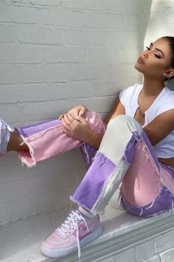 Y2K Pink Patchwork Jeans - Retro 90s Grunge, Summer Outfits, Y2K Fashion for Women