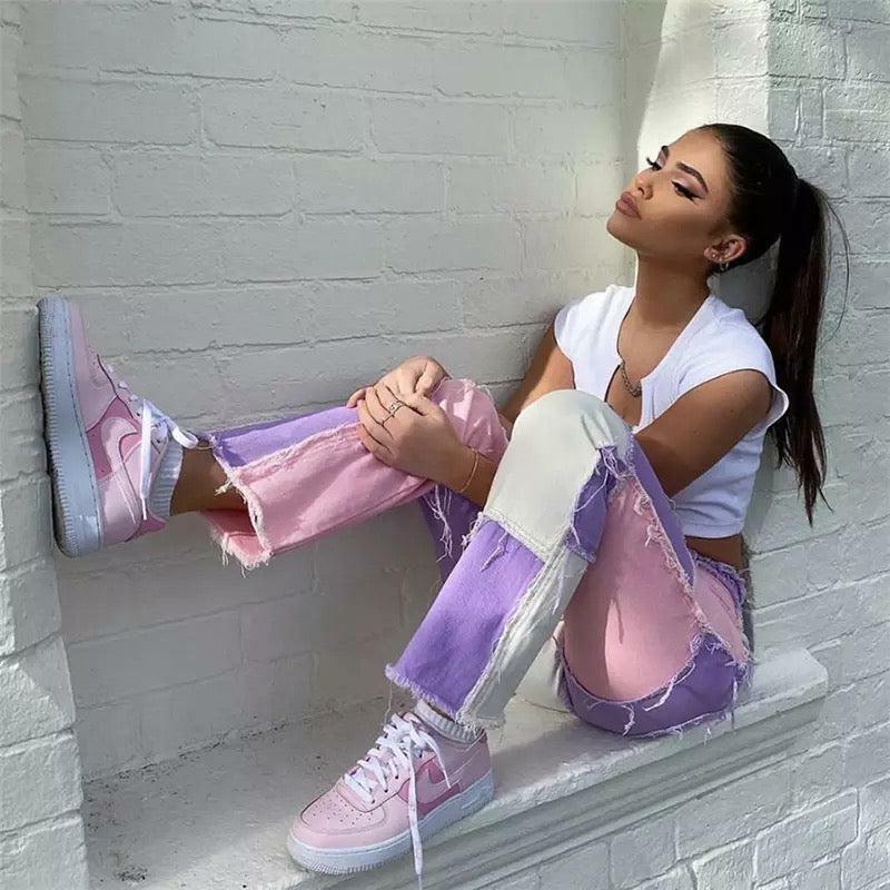 Y2K Pink Patchwork Jeans - Retro 90s Grunge, Summer Outfits, Y2K Fashion for Women