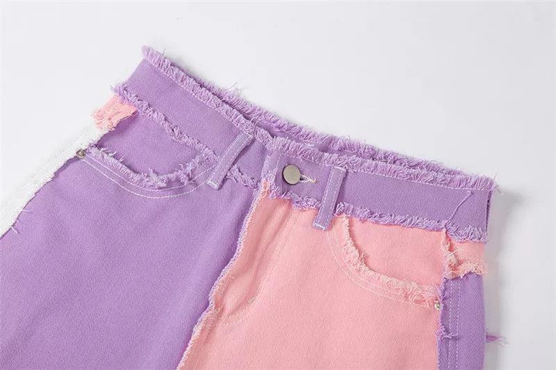Y2K Pink Patchwork Jeans - Retro 90s Grunge, Summer Outfits, Y2K Fashion for Women