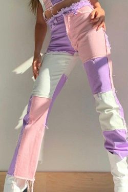 Y2K Pink Patchwork Jeans - Retro 90s Grunge, Summer Outfits, Y2K Fashion for Women