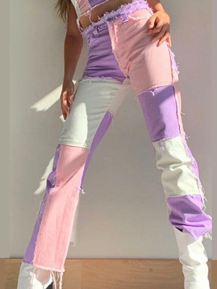 Y2K Pink Patchwork Jeans - Retro 90s Grunge, Summer Outfits, Y2K Fashion for Women
