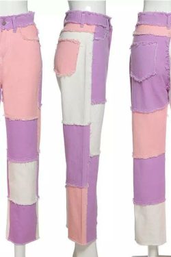Y2K Pink Patchwork Jeans - Retro 90s Grunge, Summer Outfits, Y2K Fashion for Women