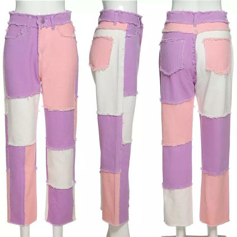Y2K Pink Patchwork Jeans - Retro 90s Grunge, Summer Outfits, Y2K Fashion for Women
