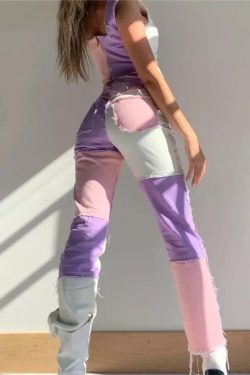 Y2K Pink Patchwork Jeans - Retro 90s Grunge, Summer Outfits, Y2K Fashion for Women