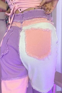 Y2K Pink Patchwork Jeans - Retro 90s Grunge, Summer Outfits, Y2K Fashion for Women