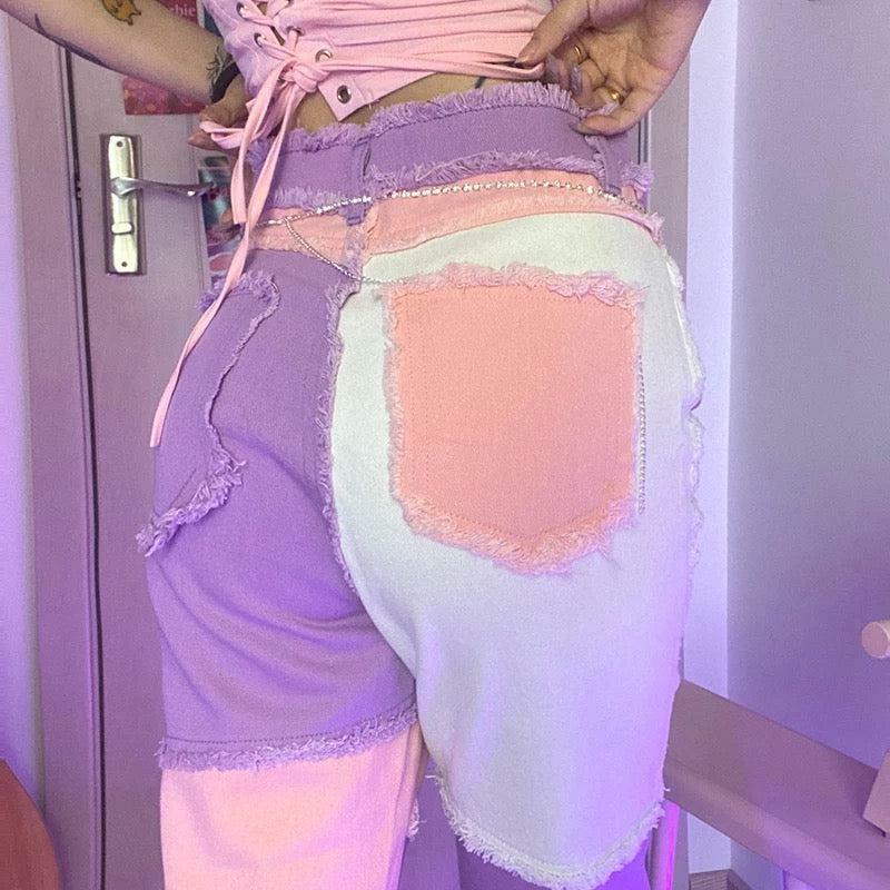 Y2K Pink Patchwork Jeans - Retro 90s Grunge, Summer Outfits, Y2K Fashion for Women