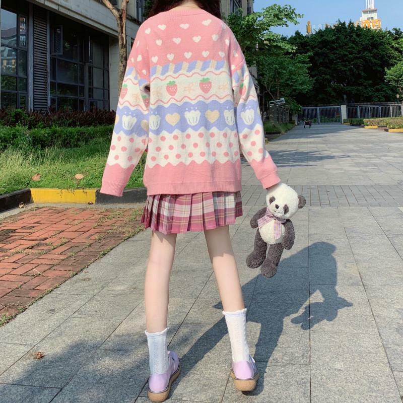 Y2K Pink Strawberry Sweater - 90s Grunge, Retro Summer, Pastel Goth, Y2K Fashion