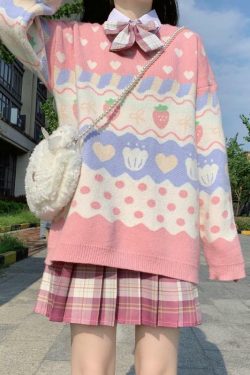 Y2K Pink Strawberry Sweater - 90s Grunge, Retro Summer, Pastel Goth, Y2K Fashion
