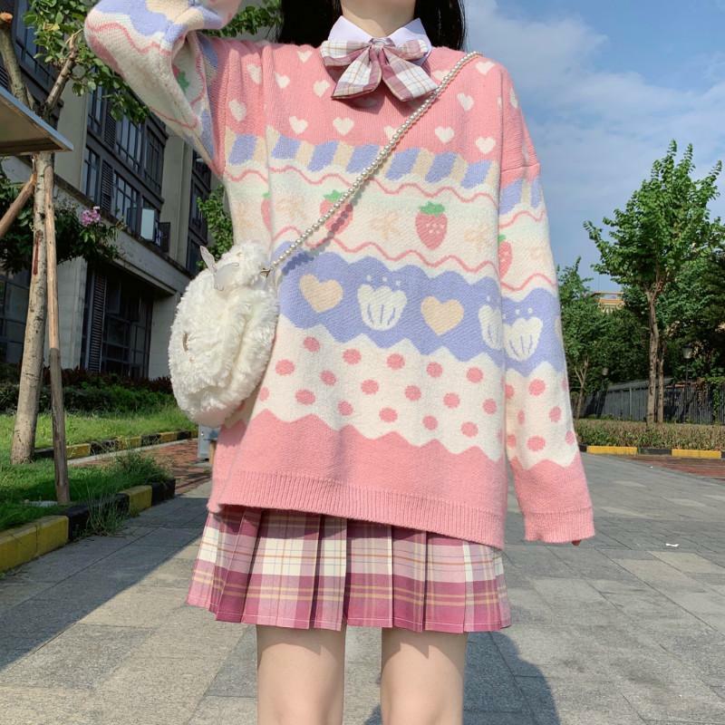 Y2K Pink Strawberry Sweater - 90s Grunge, Retro Summer, Pastel Goth, Y2K Fashion