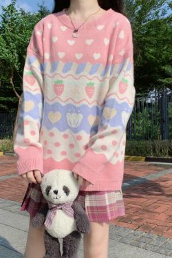 Y2K Pink Strawberry Sweater - 90s Grunge, Retro Summer, Pastel Goth, Y2K Fashion
