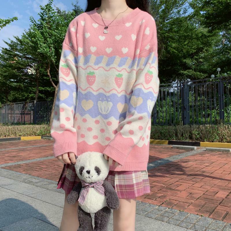 Y2K Pink Strawberry Sweater - 90s Grunge, Retro Summer, Pastel Goth, Y2K Fashion