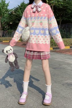 Y2K Pink Strawberry Sweater - 90s Grunge, Retro Summer, Pastel Goth, Y2K Fashion