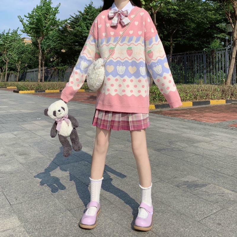 Y2K Pink Strawberry Sweater - 90s Grunge, Retro Summer, Pastel Goth, Y2K Fashion
