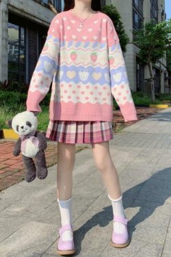 Y2K Pink Strawberry Sweater - 90s Grunge, Retro Summer, Pastel Goth, Y2K Fashion